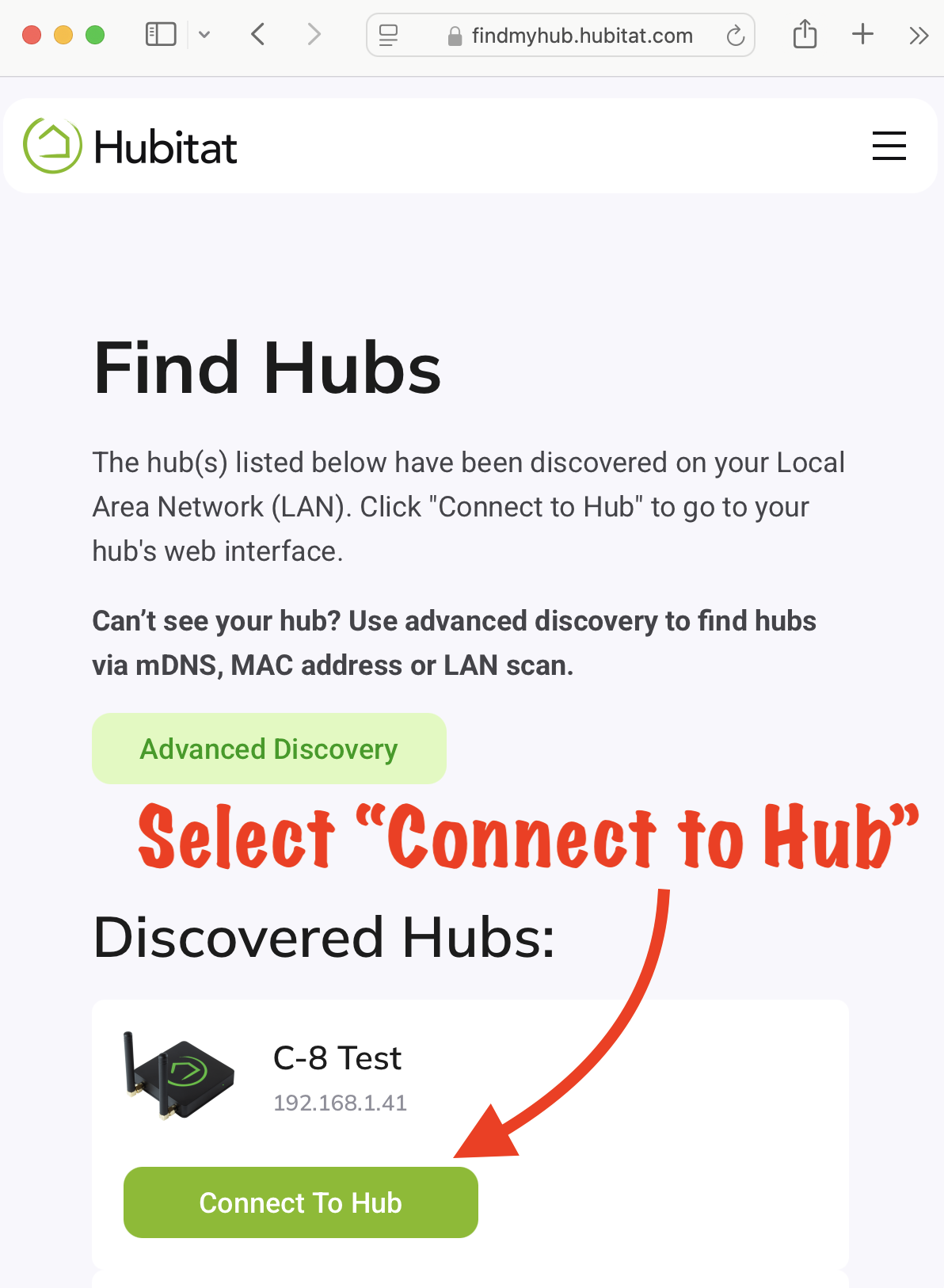Screenshot: "Connect to Hub" button on findmyhub.hubitat.com website