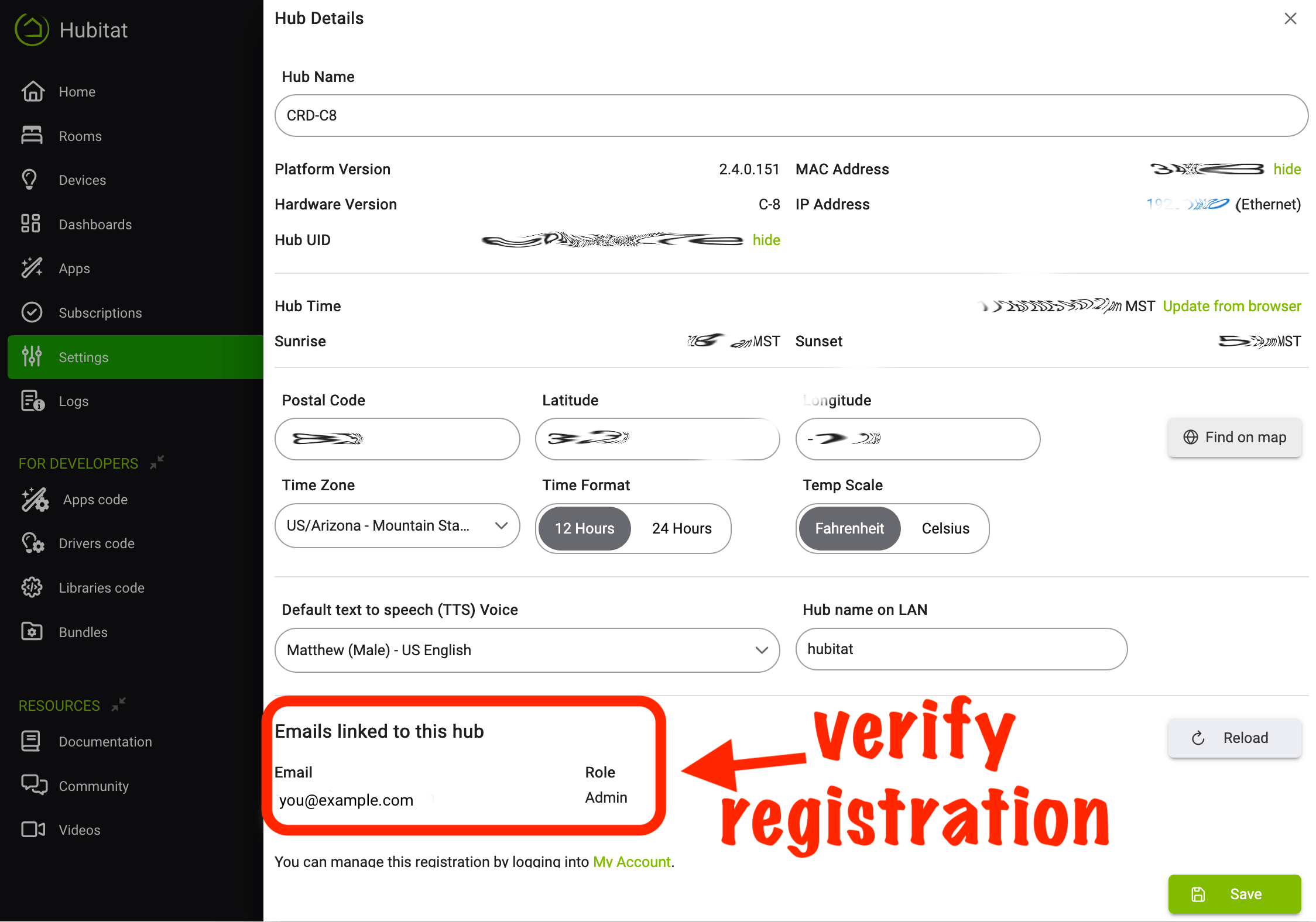 Screenshot: Hub Registration page