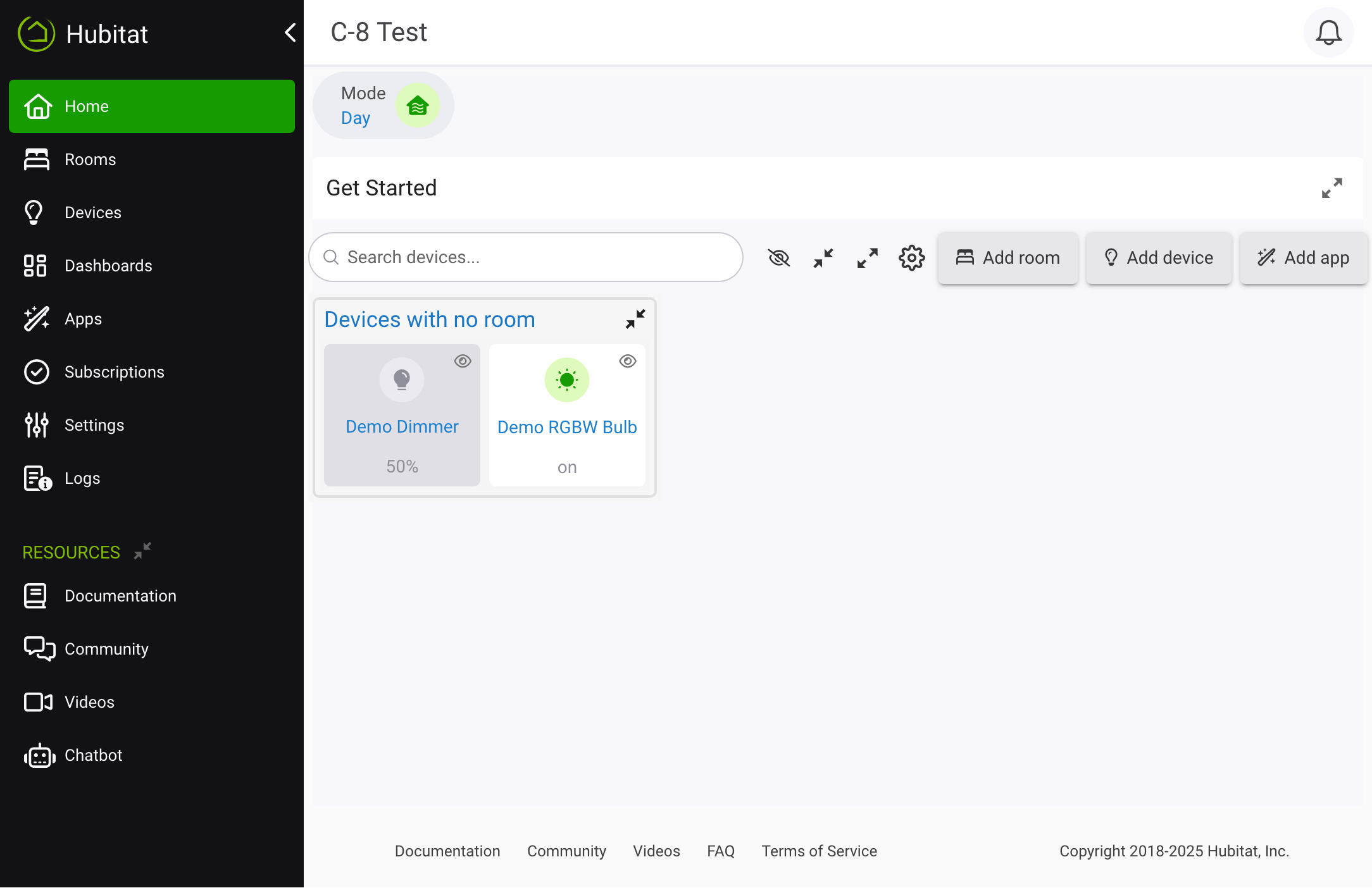 Screenshot: Hubitat Main Menu