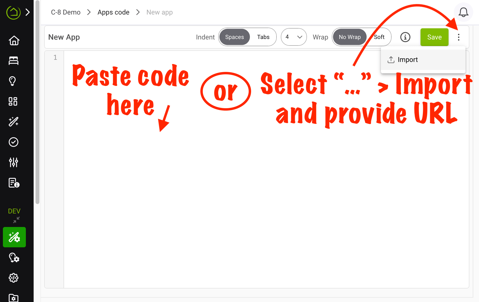 Screenshot of "Import Code..." window