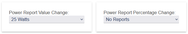 "Preferences" screenshot of power-reporting plug: "Power report value change" set to "25 Watts" and "Power Report Percentage Change" set to "No Reports"