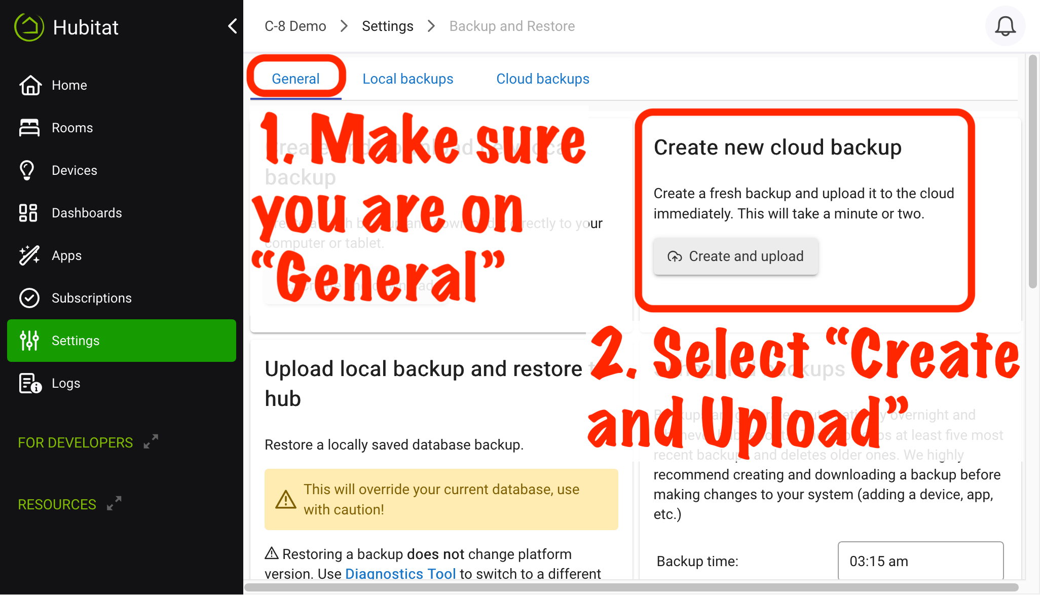 Screenshot: "Backup" button to create cloud backup manually at any time