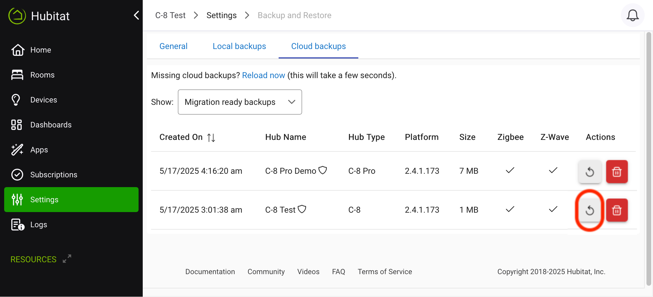Screenshot: "Migrate" button on backup from other hub