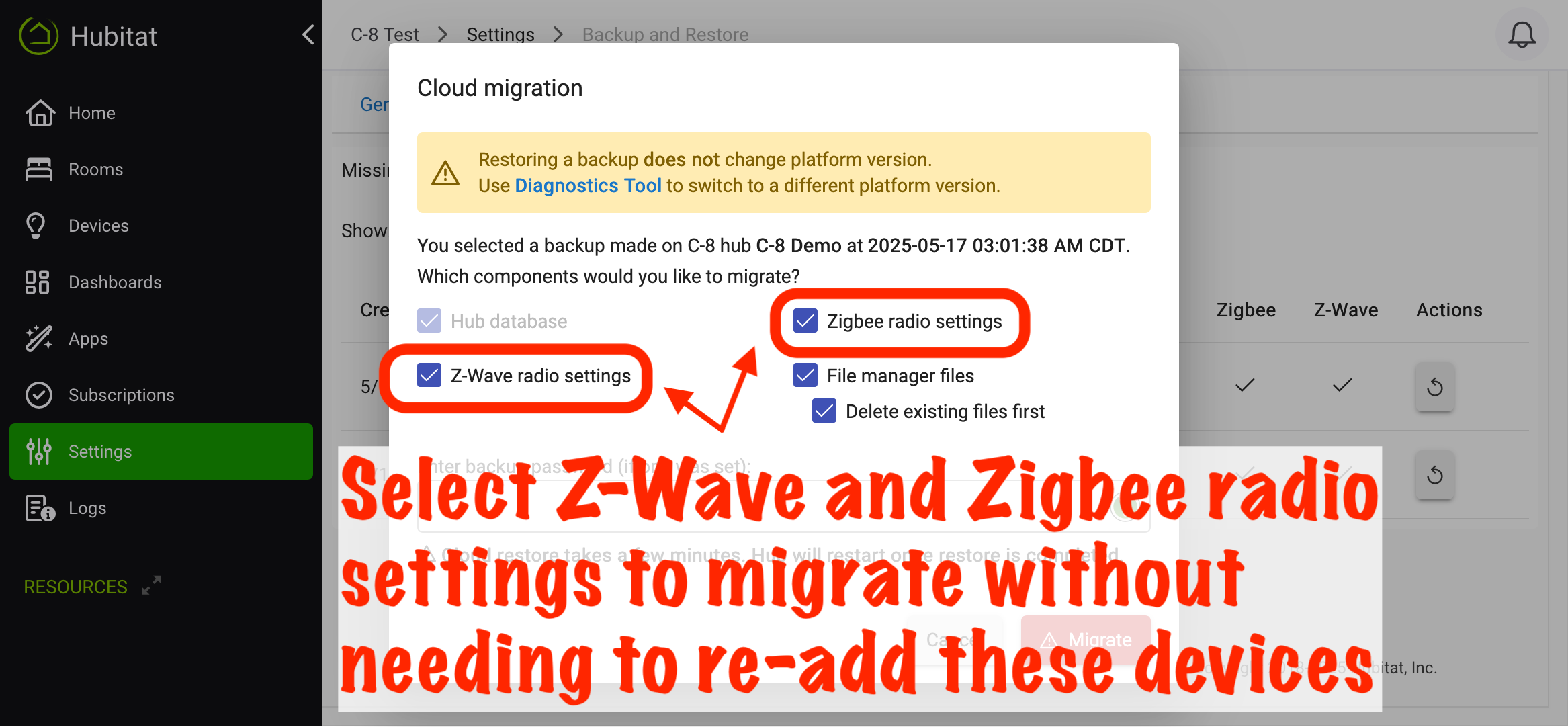 Screenshot: "Migrate Z-Wave Radio" option