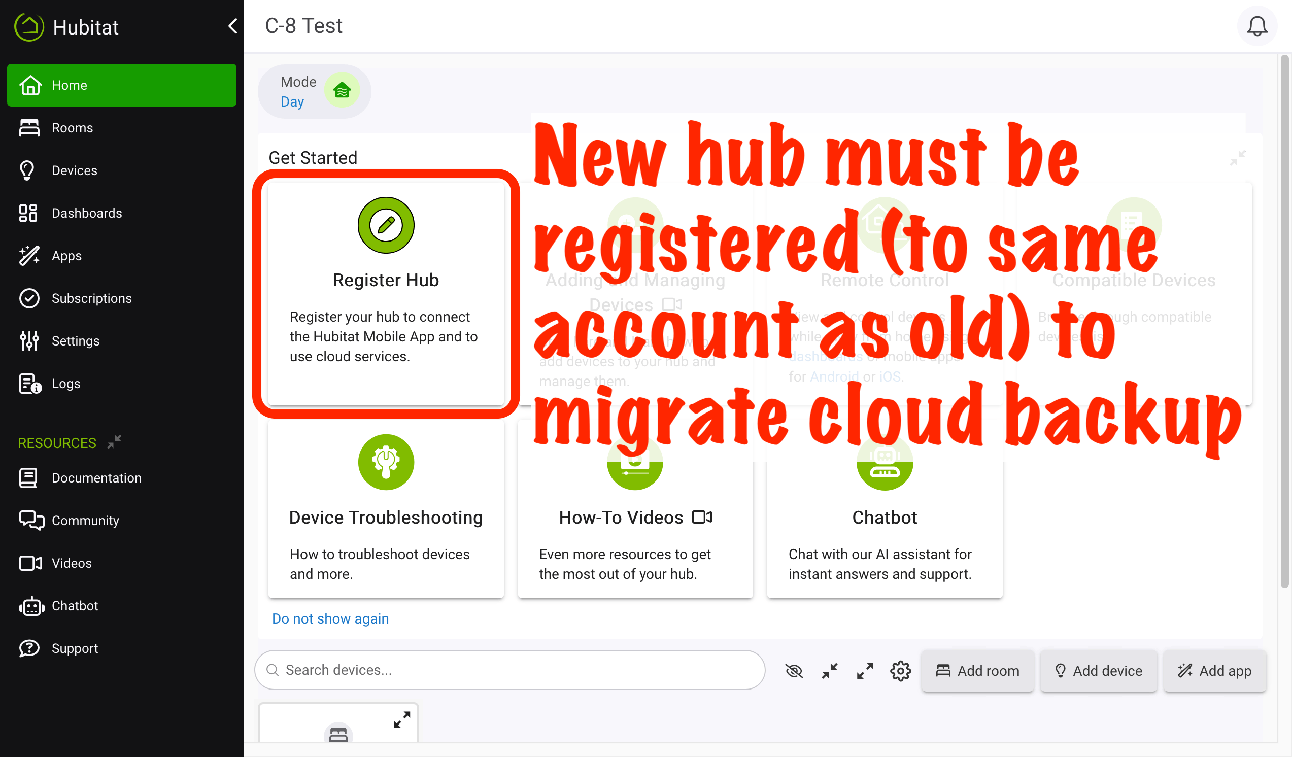 Screenshot: hub registration on new hub before migrating