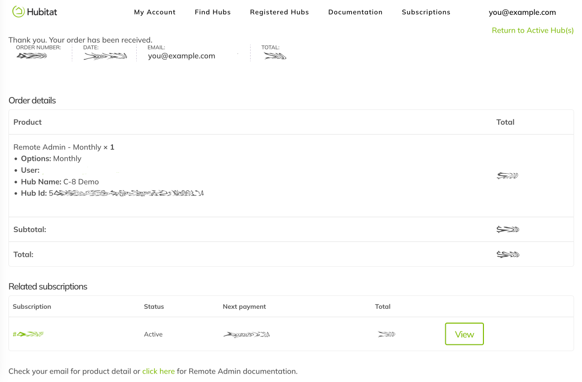 Example confirmation e-mail for Remote Admin