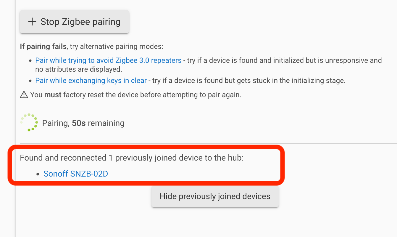 Screenshot: "Found and reconnected (x number) previously joined device(s) to the hub" when rediscovering old Zigbee devices after migration