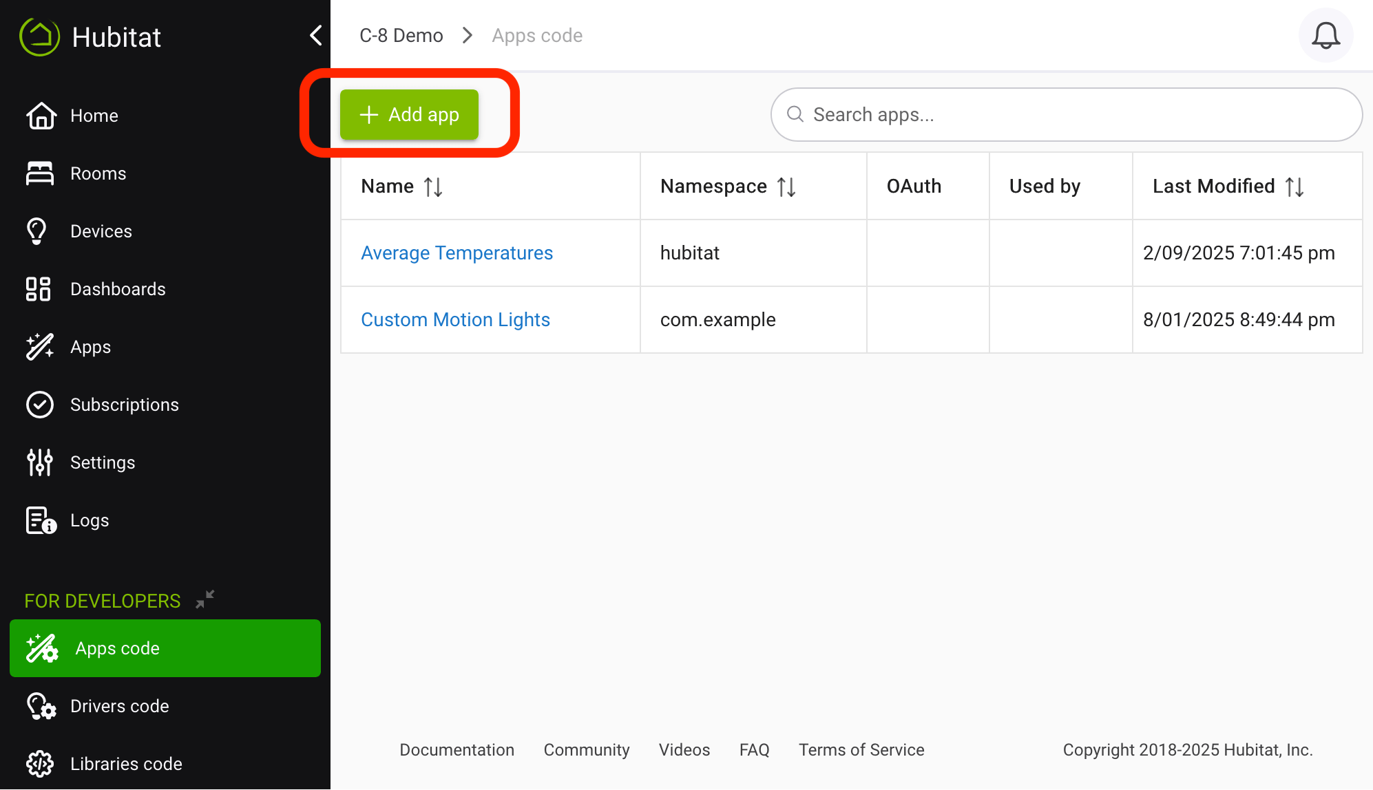 Screenshot of "New App" button on Apps Code page