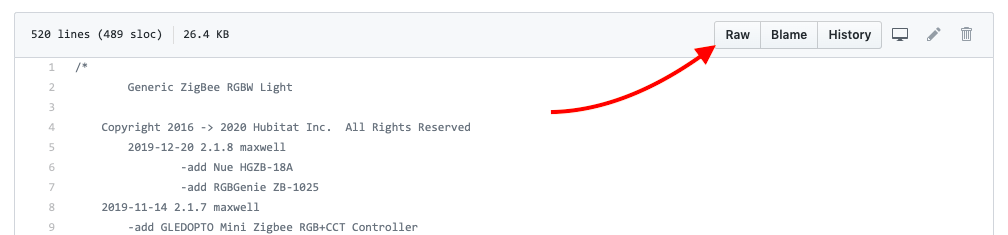 Screenshot of "Raw" button on GitHub, located towards the top right