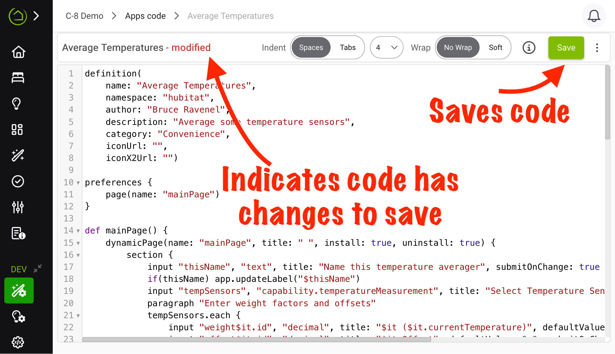 Screenshot: Select "Save" button after copying/pasting, importing, or modifying code (red "modified" indicator will also be displayed)