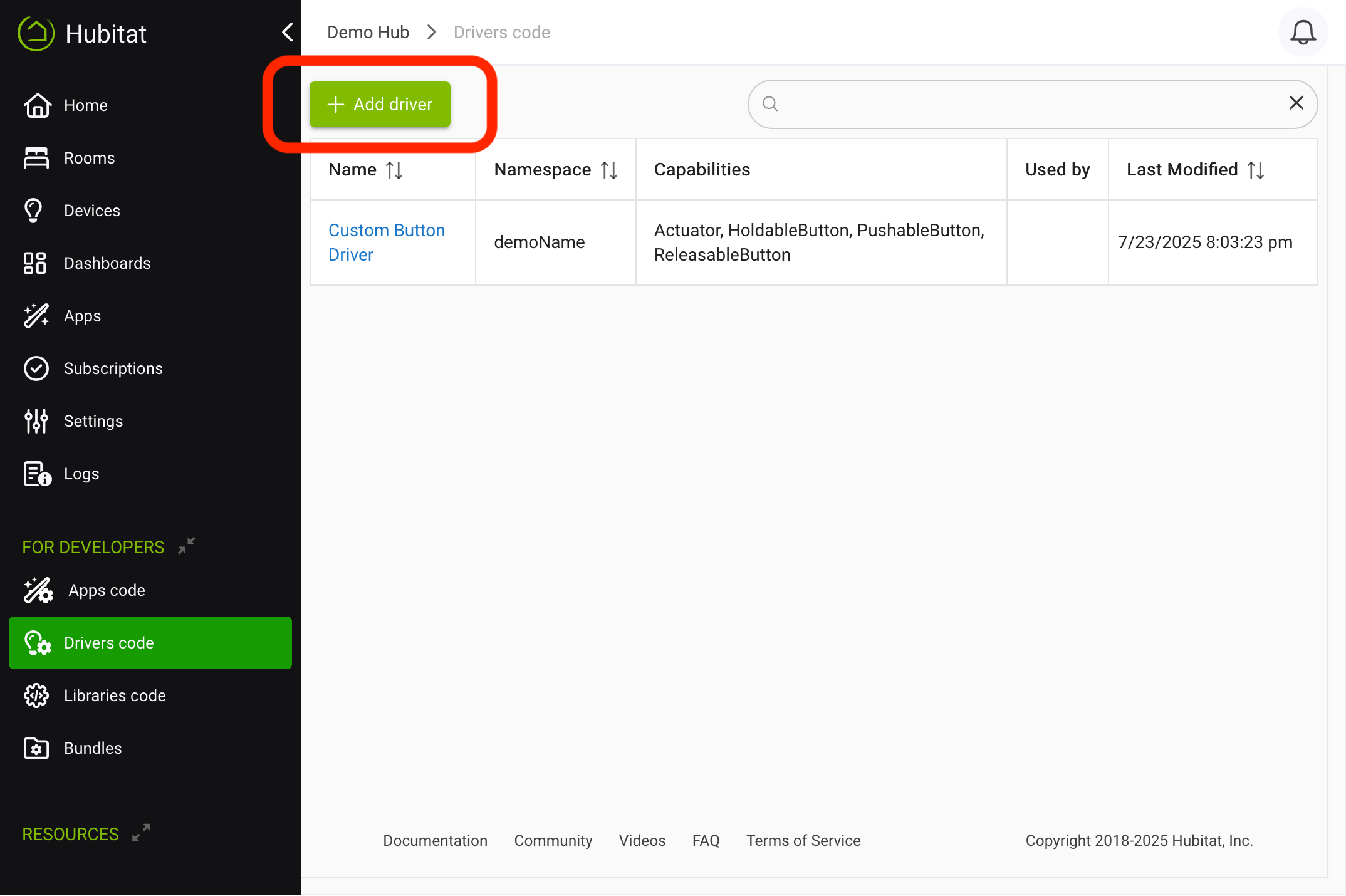 Screenshot of "New Driver" button on Drivers Code page