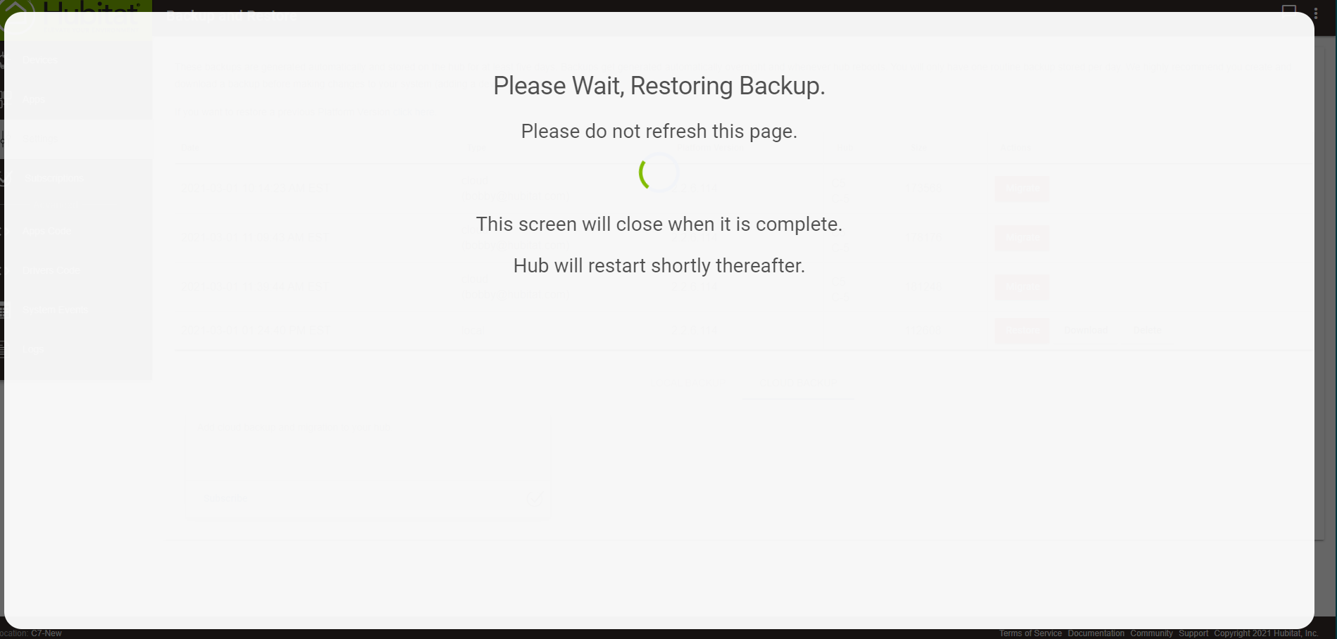 Screenshot of "Restoring backup..." dialog