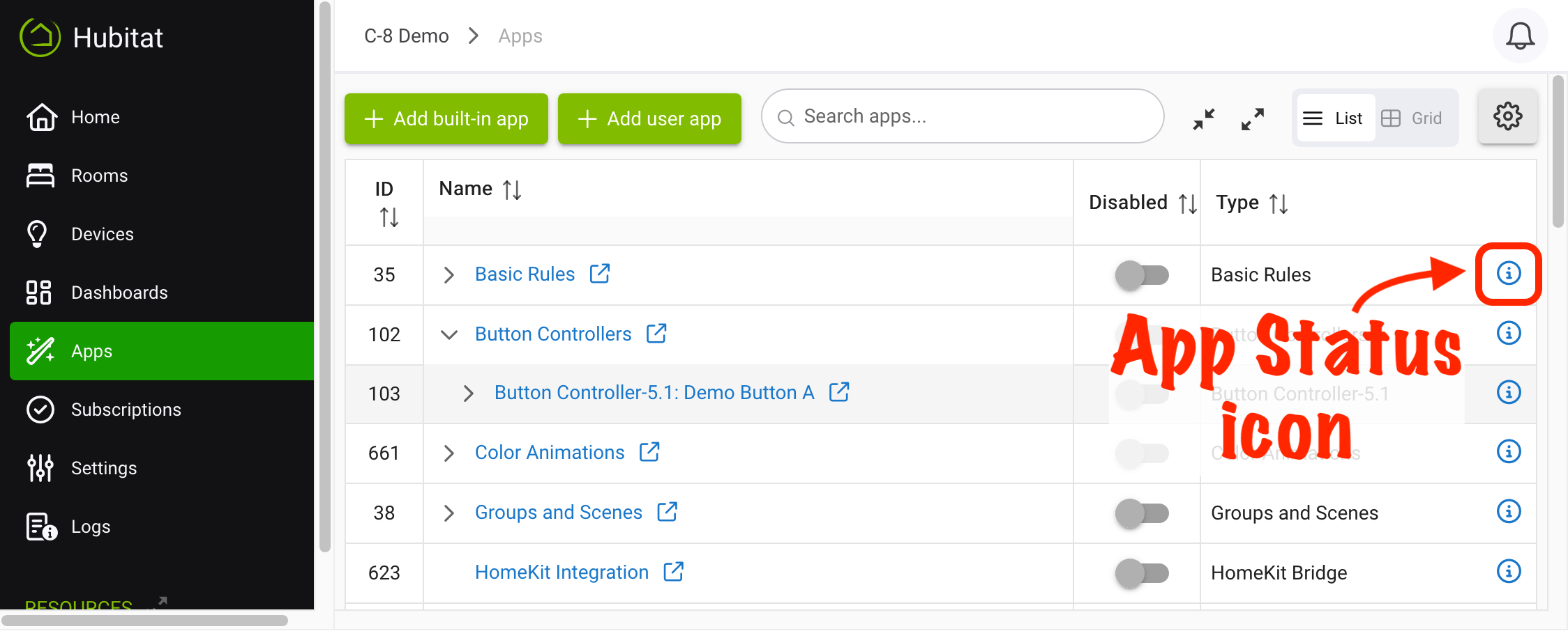 Screenshot of "App Status" icon in Apps list