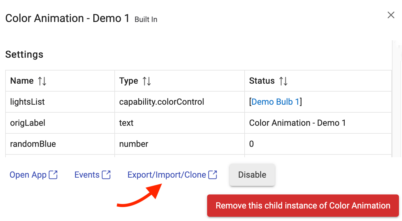 Screenshot of "Export/Import/Clone" button on App Status page