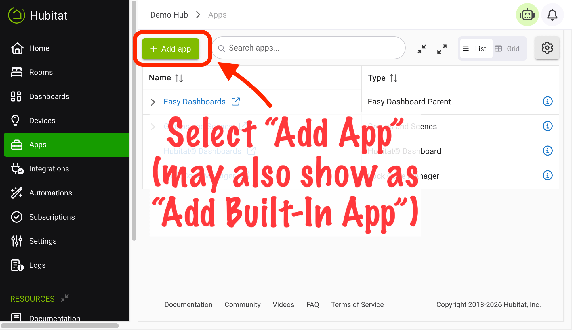 Screenshot of "Add Built-In App" button on Apps page
