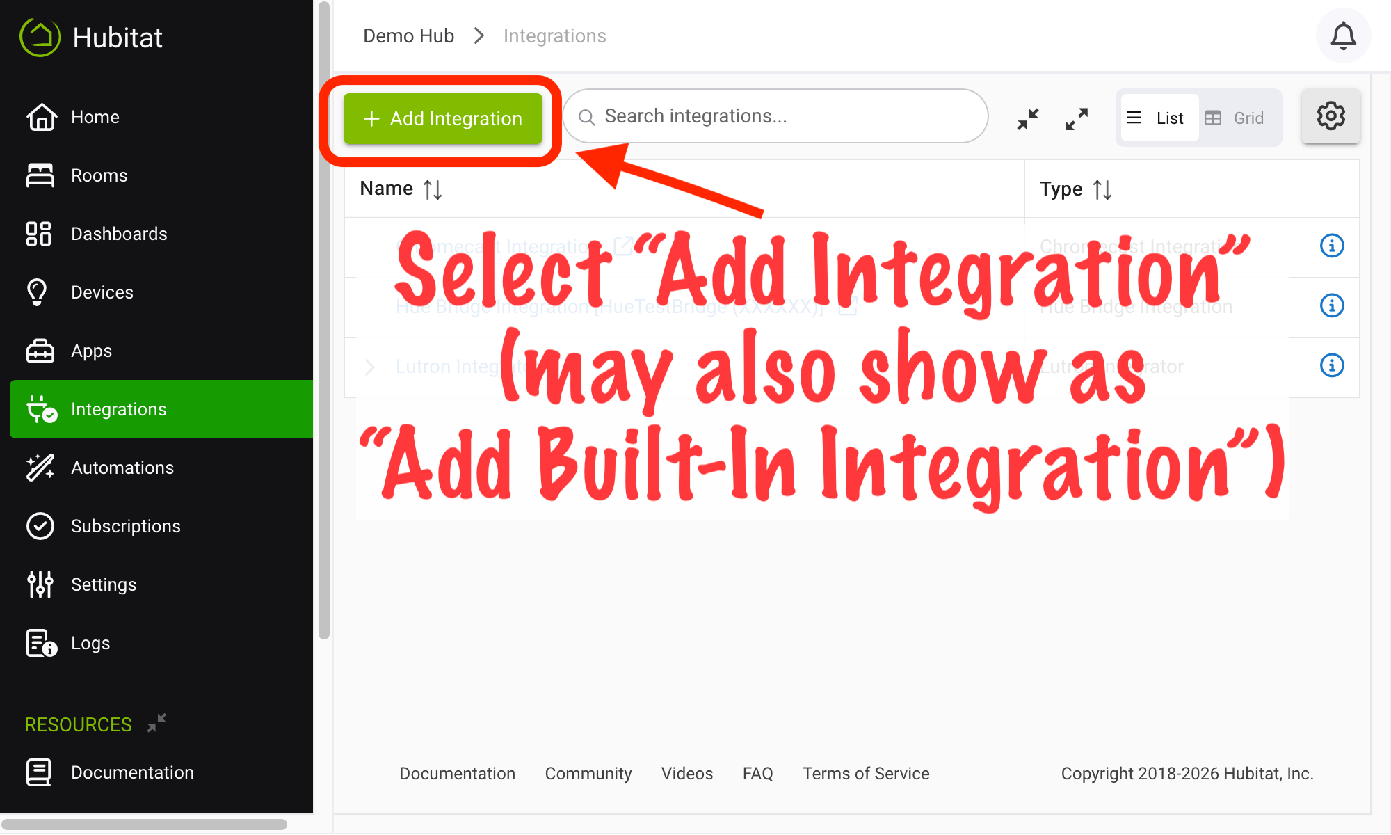 Screenshot of "Add Built-In Integration" button