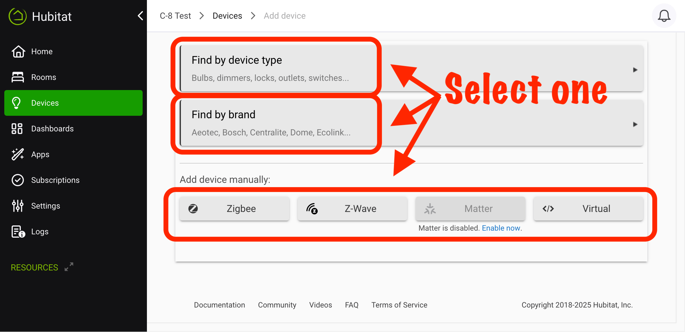Screenshot of "Find by..." buttons on Add Device page and manual Zigbee, Z-Wave, and Virtual buttons
