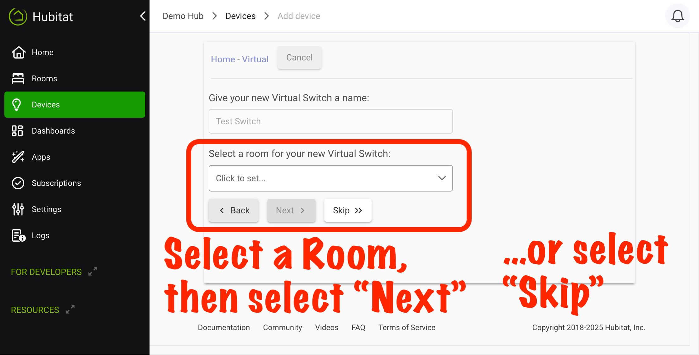 Screenshot: "Select a room for your device" with "Skip" or "Next" buttons