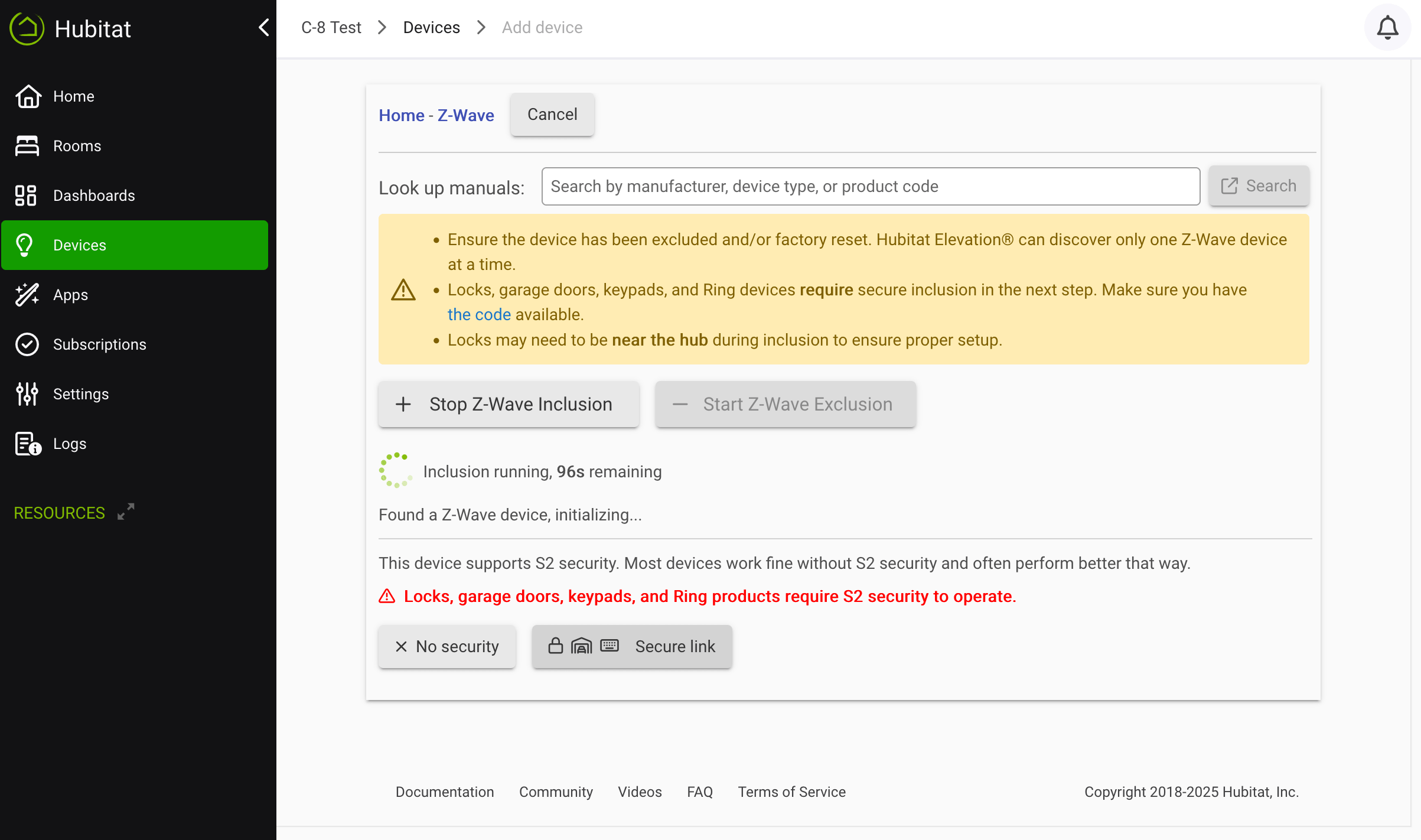  Screenshot: "This device supports S2 security....," with options "Include without security" or "Include with security"