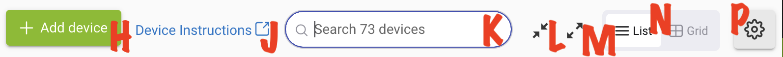 Screenshot of devices list highlighting the icons and features at the top of the page (described below)