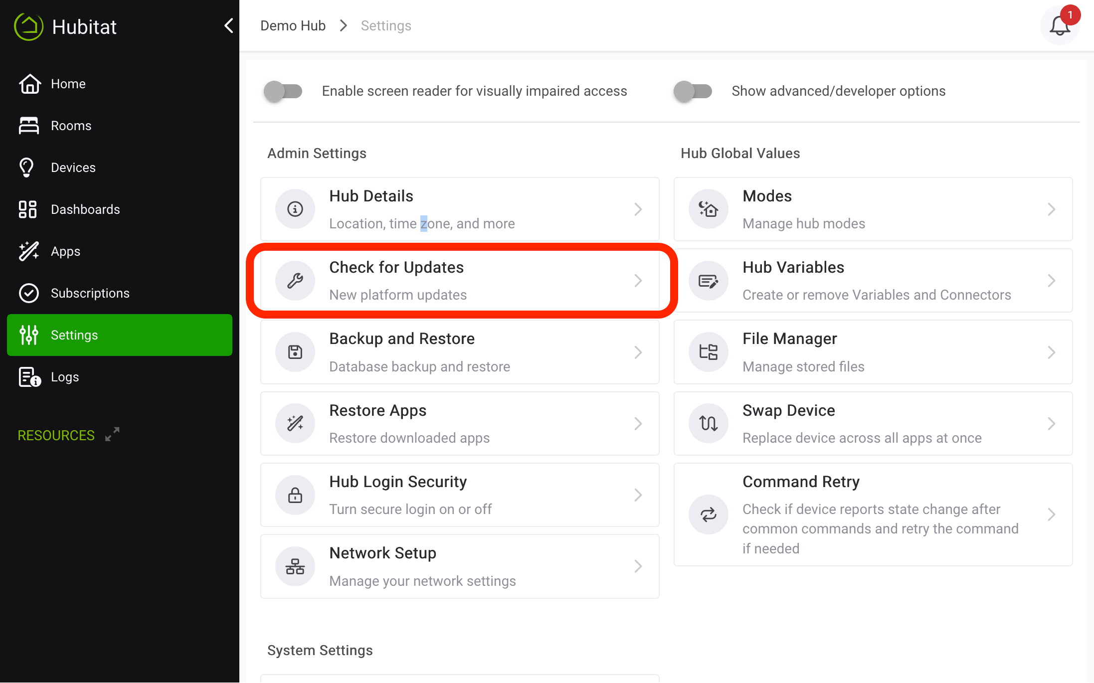 Screenshot of "Check for Updates" item