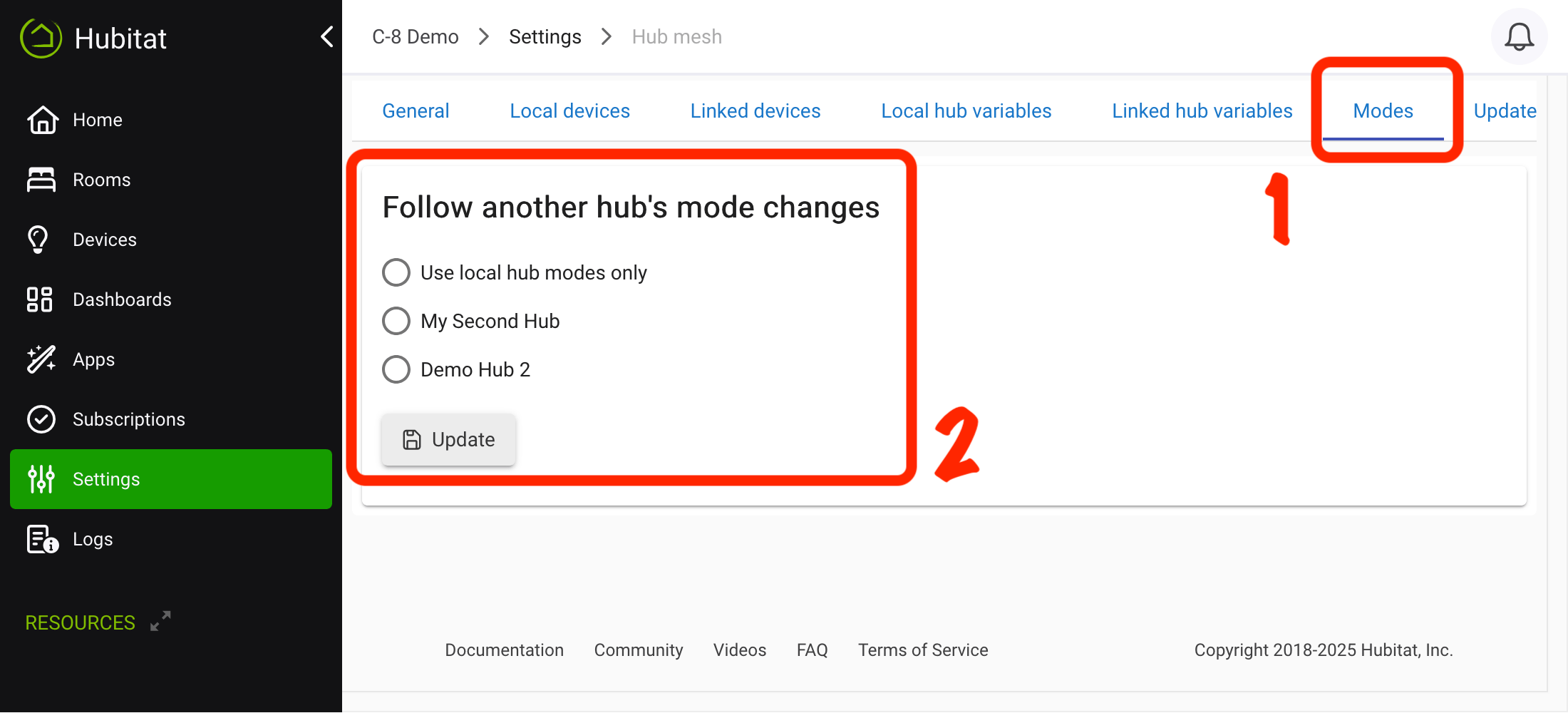 Screenshot: "Modes" tab of Hub Mesh settings, allowing you to follow mode changes of other hub or local modes only