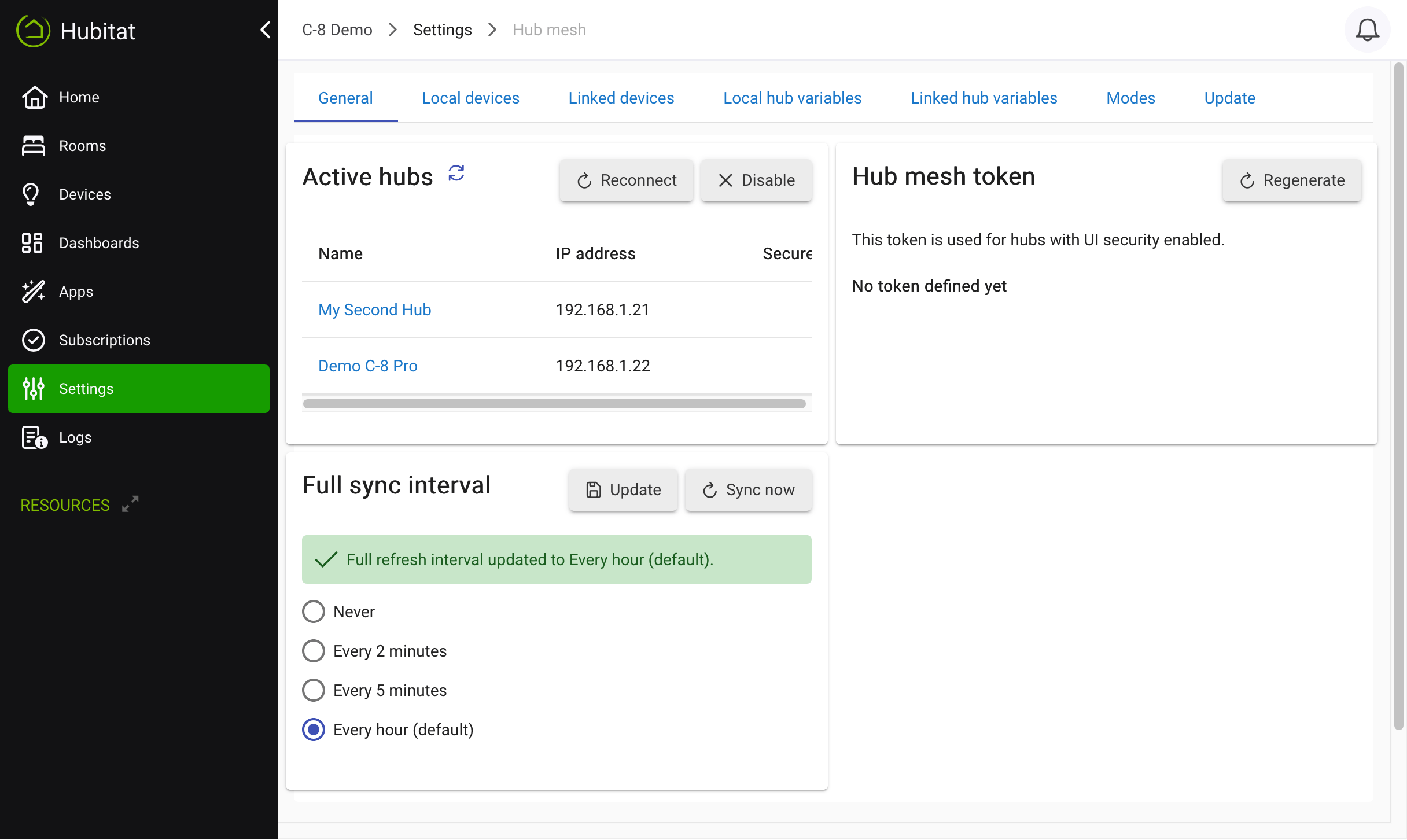 Screenshot of "Full device sync interval" options, defaulting to 2 minutes