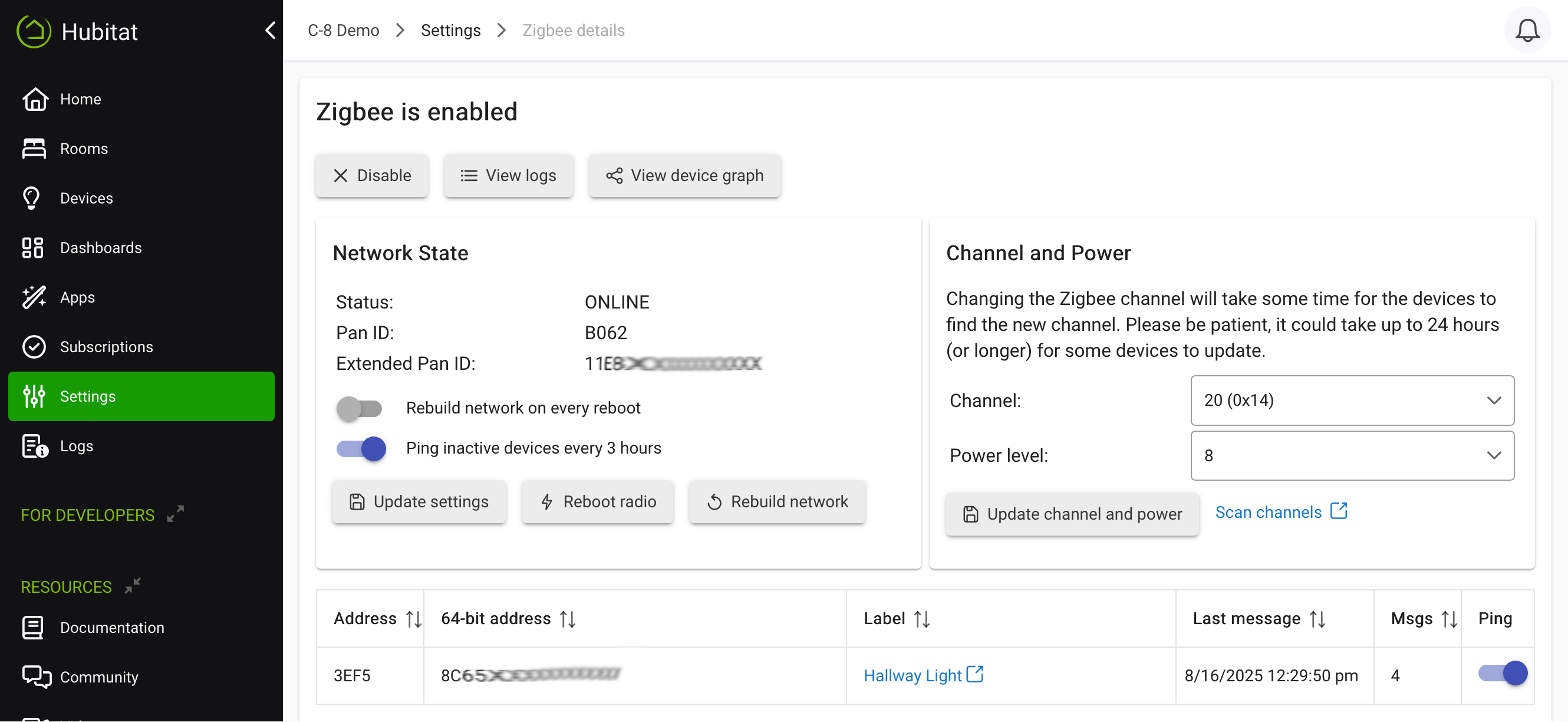 Screenshot: Zigbee Details page